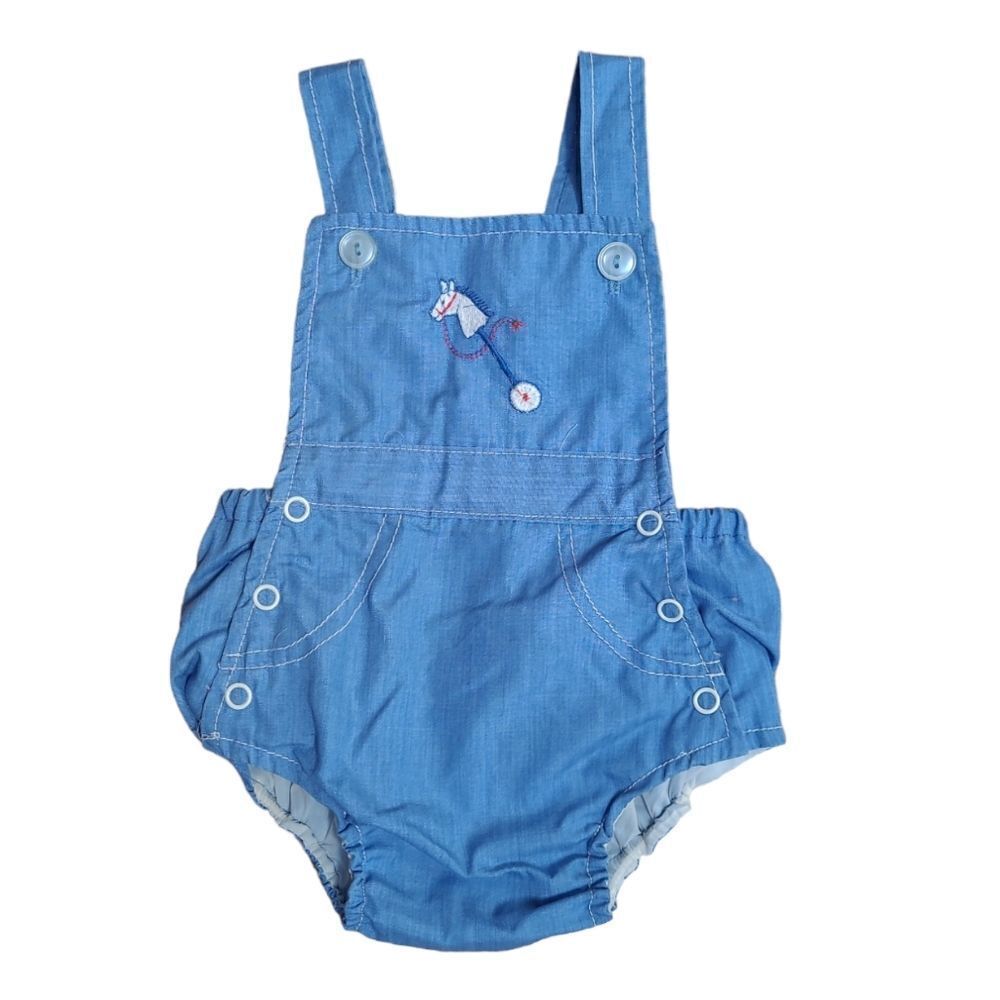 VINTAGE 60s blue hobby horse romper overalls unisex 0-3 months